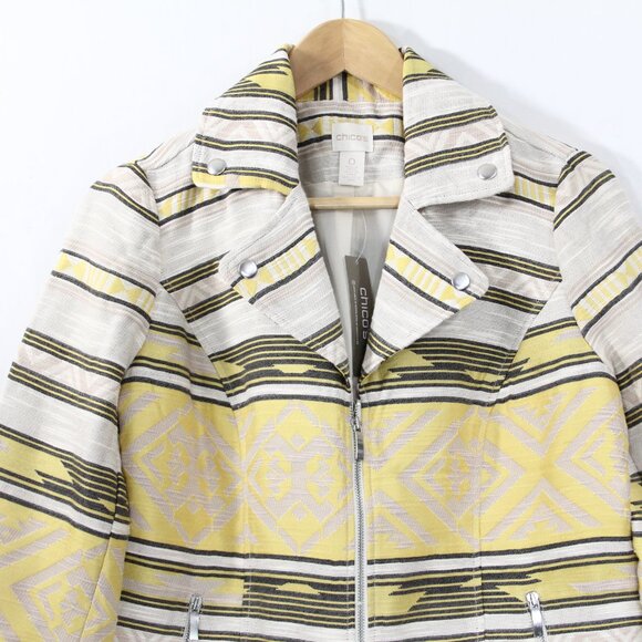 Women Moto Jacket New sz 0 Small Chico's Aztec Print Coat Zipper Jacquard - Picture 9 of 12